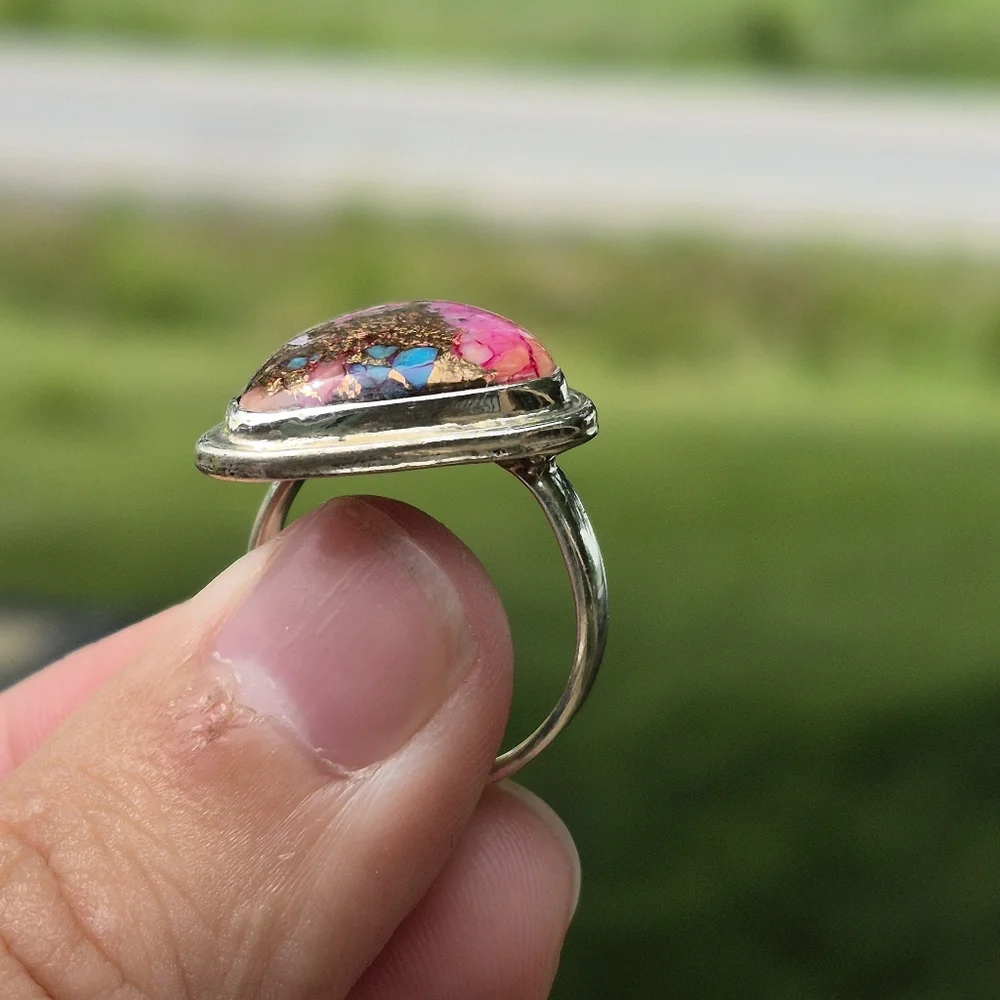 925 Silver Pink Cotton Candy Cooper Turqouis Artisanal Handmade Ring - Picture 4 of 11